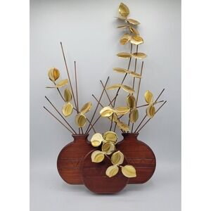 Vintage MCM Wood Pots Brass Metal Eucalyptus Leaves Wall Hanging